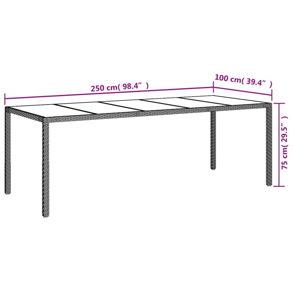 vidaXL Garden Table Grey 250x100x75 cm Tempered Glass and Poly Rattan