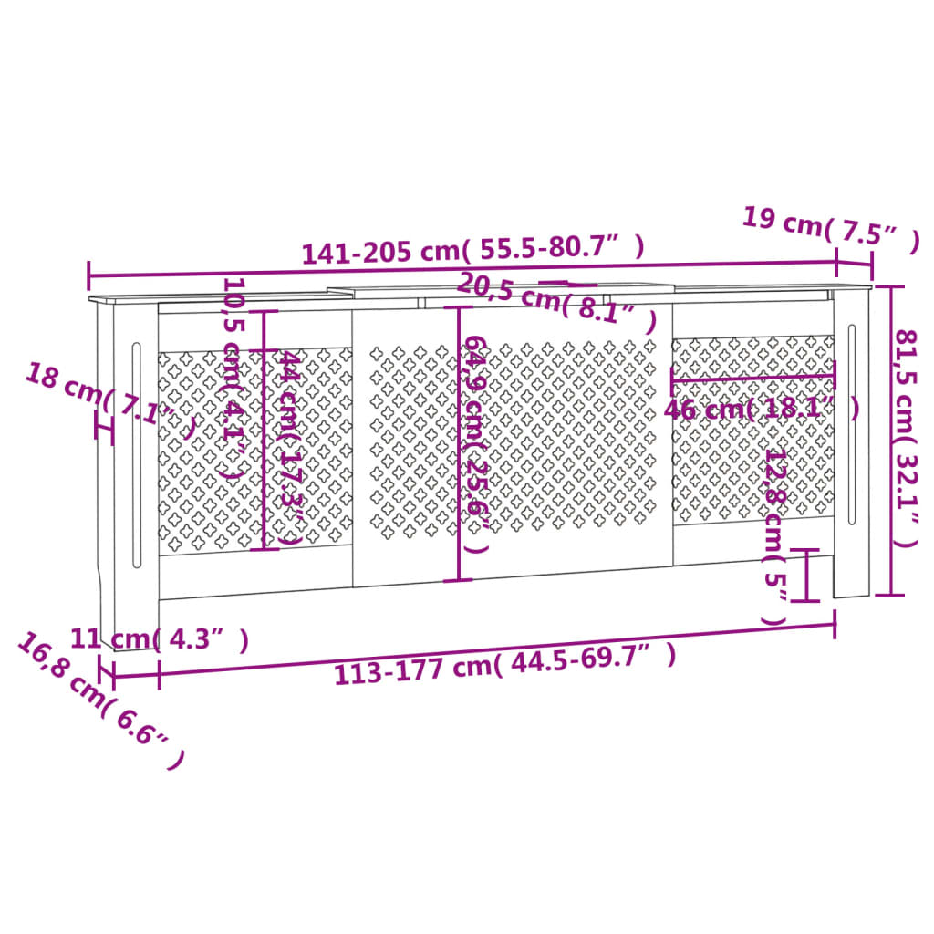 vidaXL MDF Radiator Cover Grey 205 cm