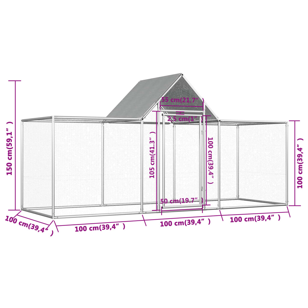 vidaXL Chicken Coop 3x1x1.5 m Galvanised Steel