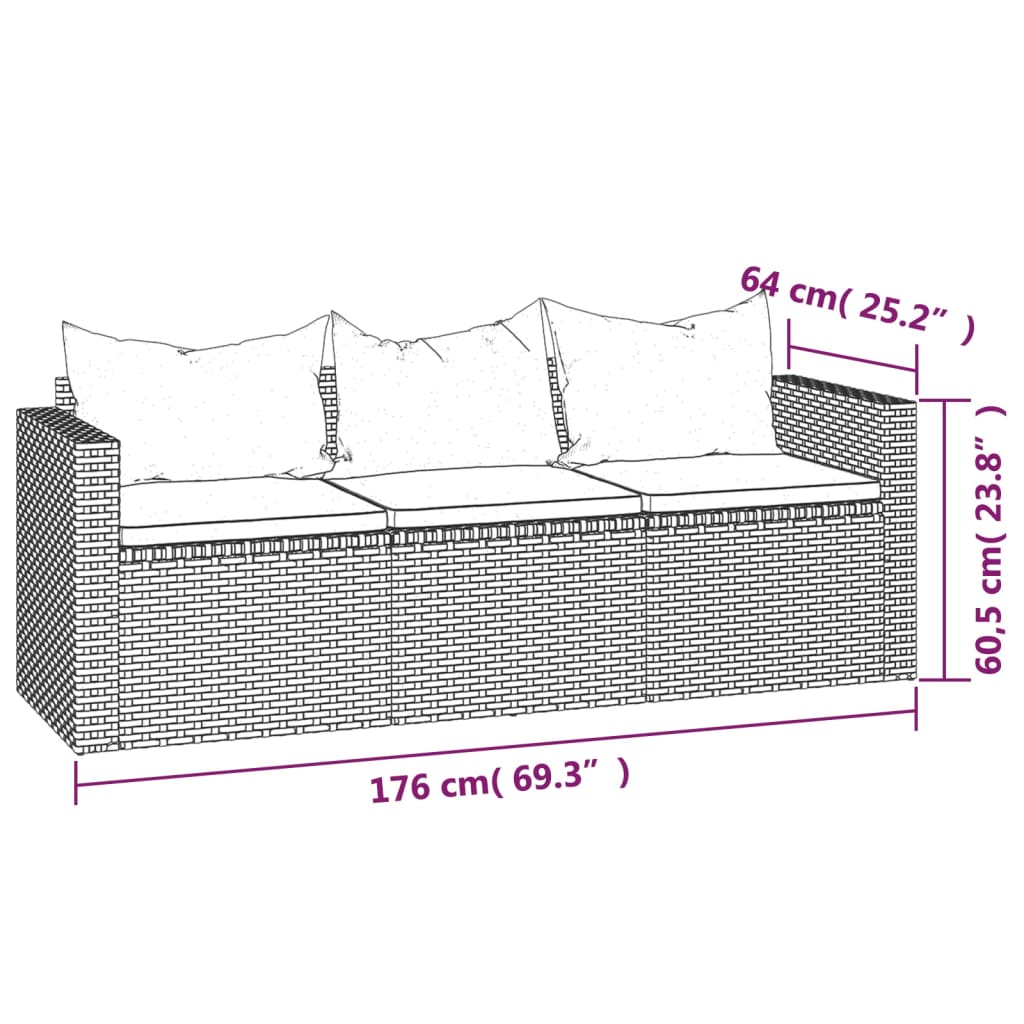 vidaXL 3 Piece Garden Lounge Set with Cushions Grey Poly Rattan