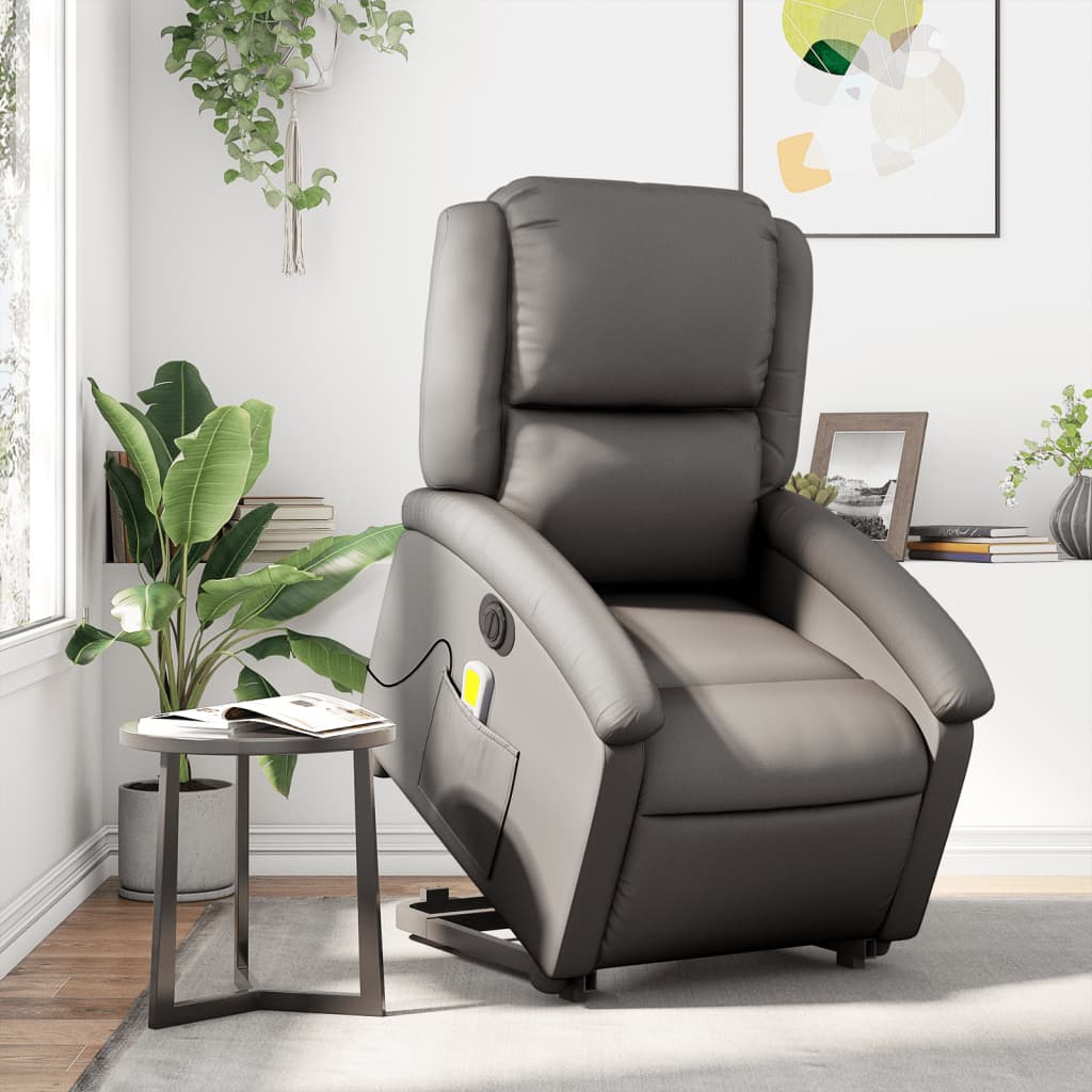 vidaXL Electric Stand up Massage Recliner Chair Grey Real Leather