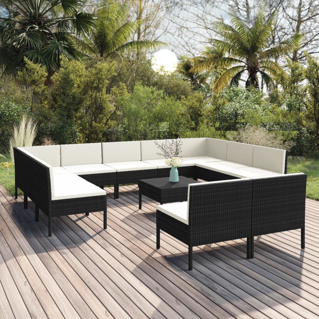 vidaXL 12 Piece Garden Lounge Set with Cushions Poly Rattan Black