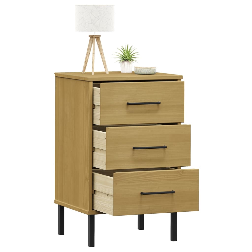 vidaXL Bedside Cabinet with Metal Legs Brown Solid Wood Pine OSLO