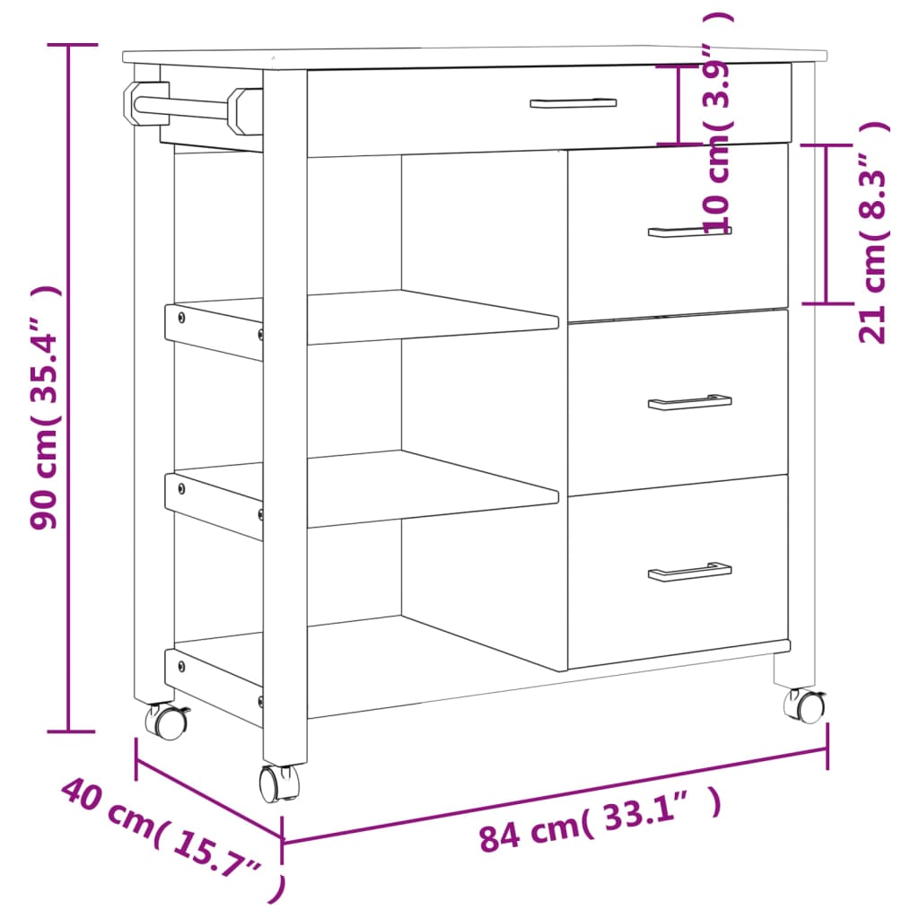 vidaXL Kitchen Trolley MONZA 84x40x90 cm Solid Wood Pine