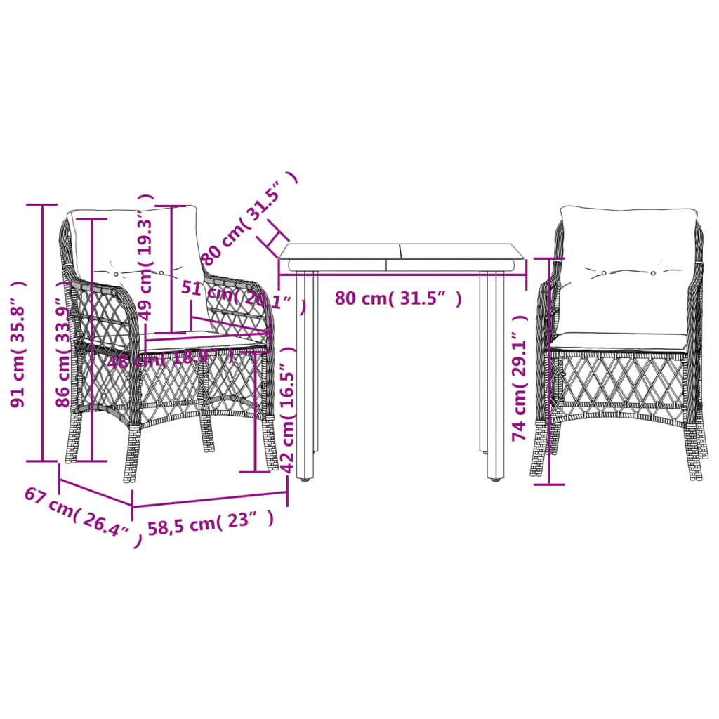 vidaXL 3 Piece Bistro Set with Cushions Beige Poly Rattan