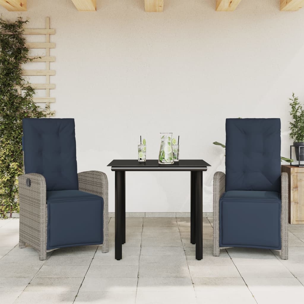 vidaXL 3 Piece Bistro Set with Cushions Grey Poly Rattan