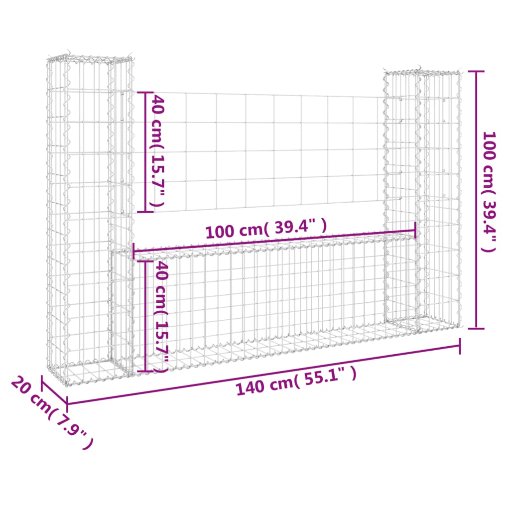 vidaXL U-shape Gabion Basket with 2 Posts Iron 140x20x100 cm