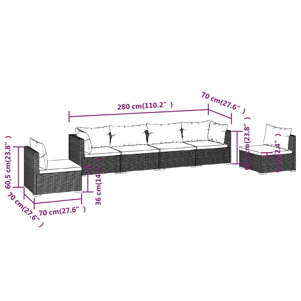 vidaXL 6 Piece Garden Lounge Set with Cushions Poly Rattan Brown