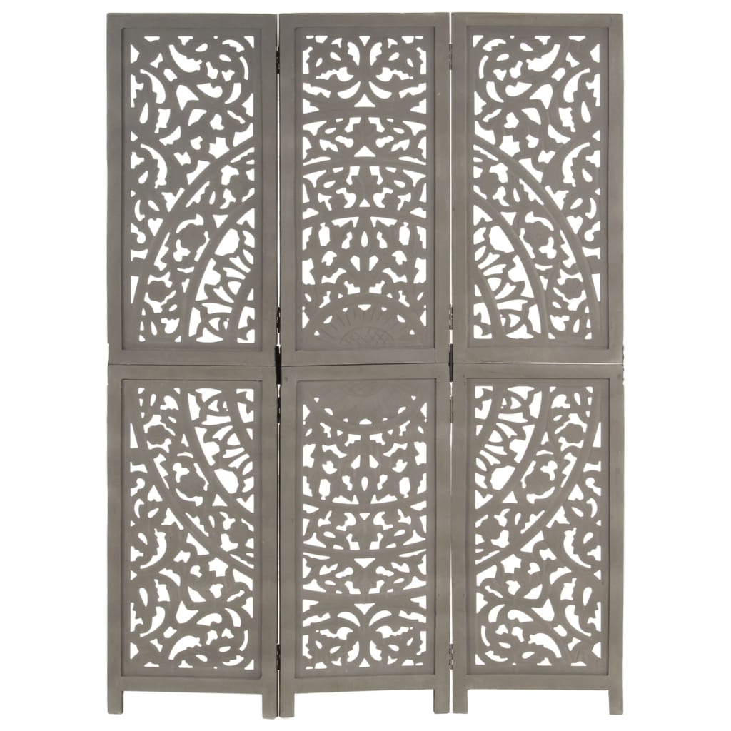 vidaXL Hand carved 3-Panel Room Divider Grey 120x165 cm Solid Mango Wood