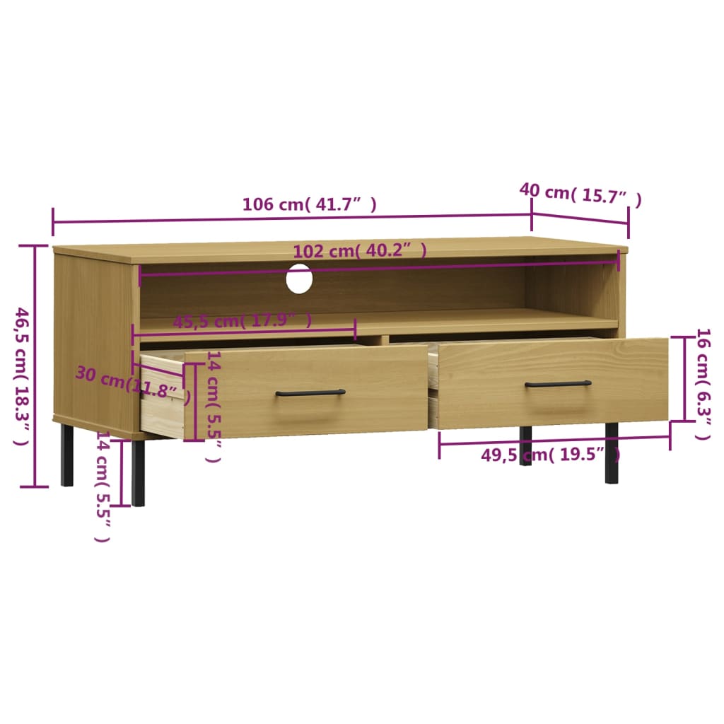 vidaXL TV Cabinet with Metal Legs Brown Solid Wood Pine OSLO