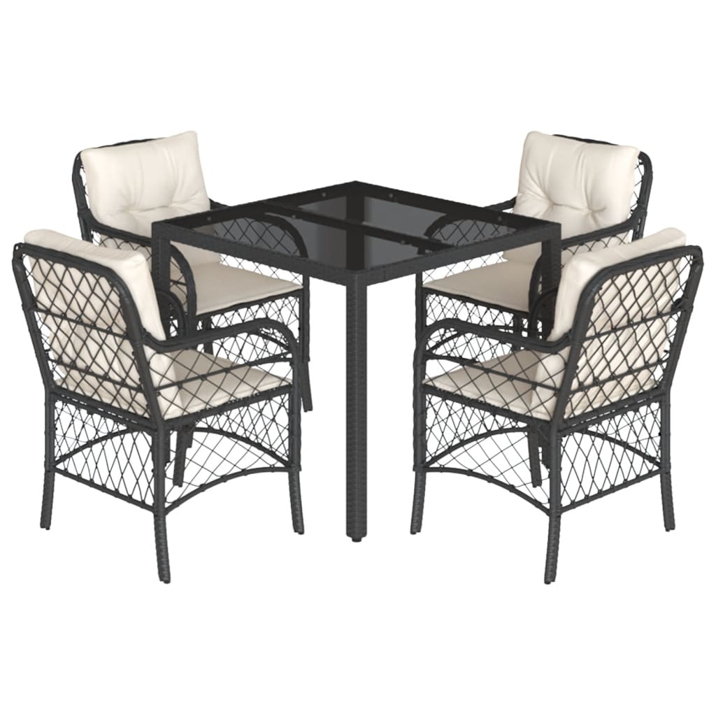 vidaXL 5 Piece Garden Dining Set with Cushions Black Poly Rattan