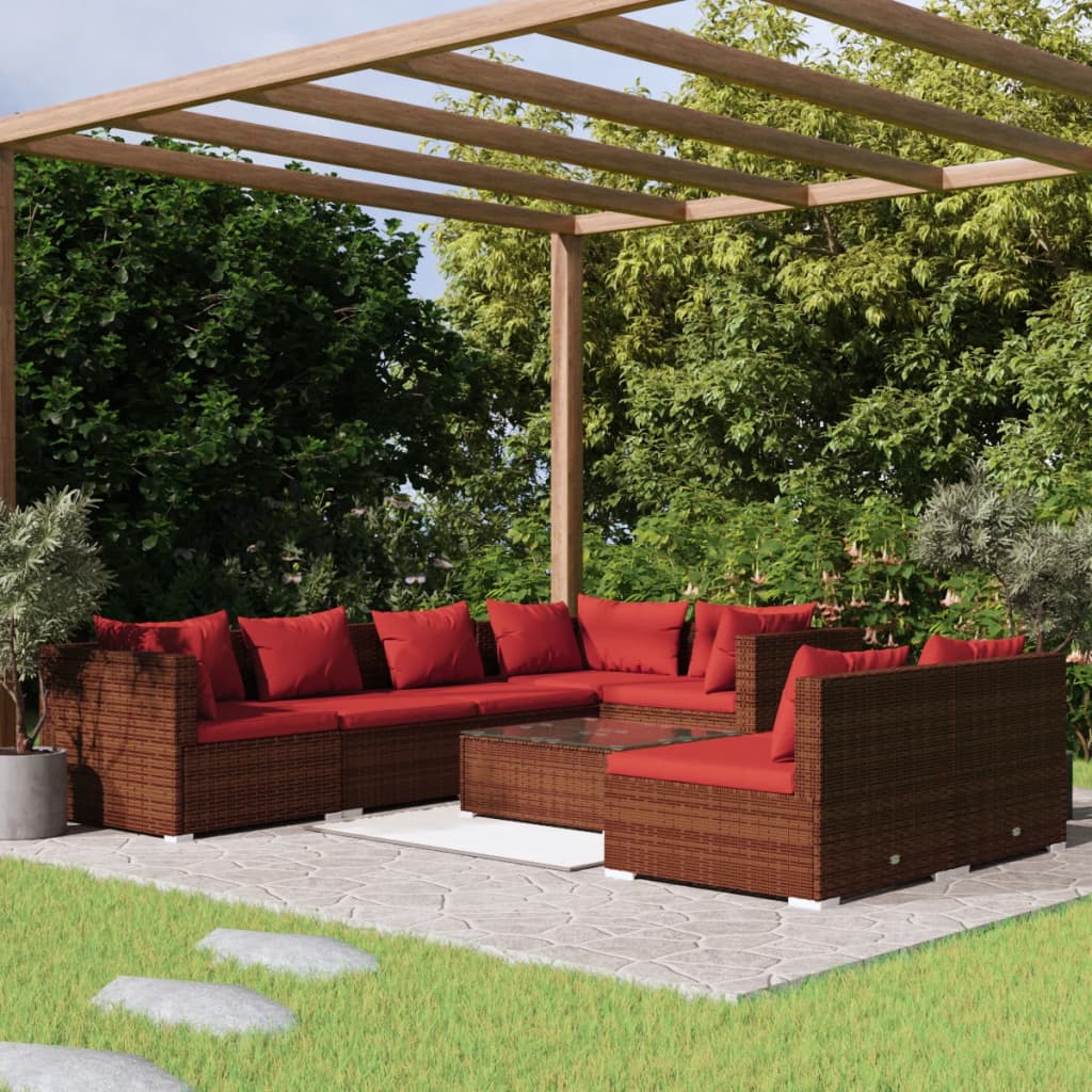 vidaXL 8 Piece Garden Lounge Set with Cushions Brown Poly Rattan