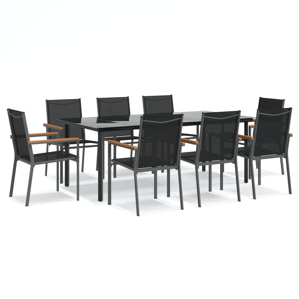 vidaXL 9 Piece Garden Dining Set Black Textilene and Steel