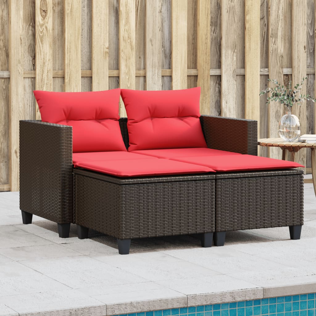 vidaXL Garden Sofa 2-Seater with Stools Brown Poly Rattan