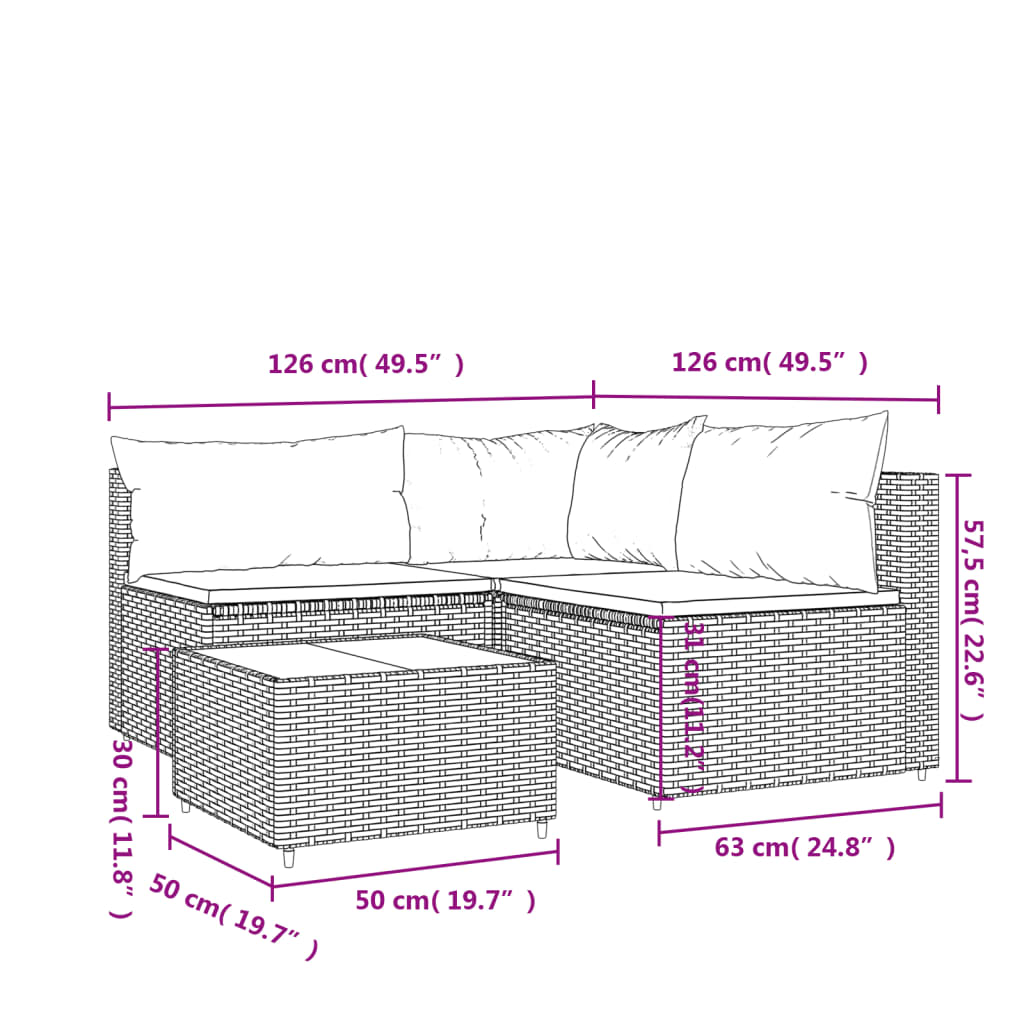 vidaXL 4 Piece Garden Lounge Set with Cushions Grey Poly Rattan