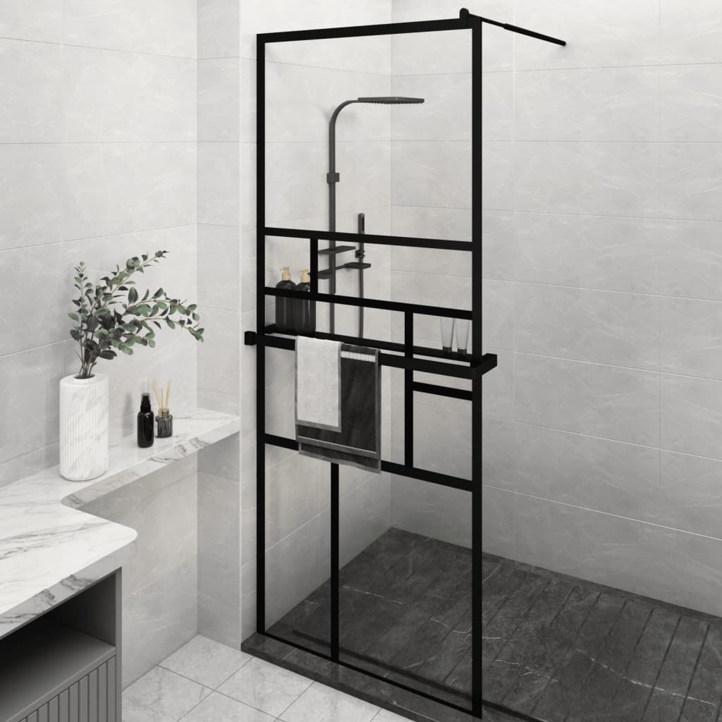 vidaXL Walk-in Shower Wall with Shelf Black 80x195 cm ESG Glass&Aluminium