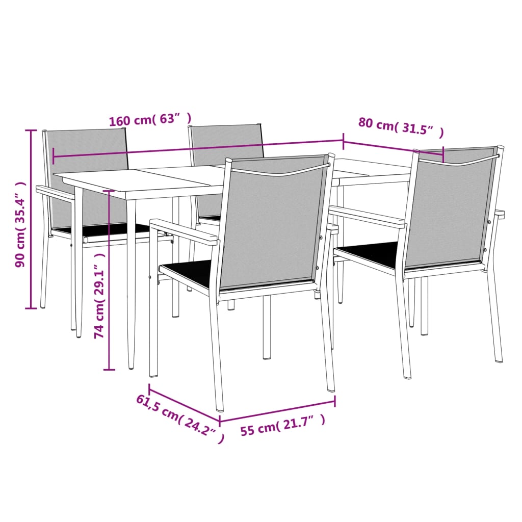 vidaXL 5 Piece Garden Dining Set Black Textilene and Steel