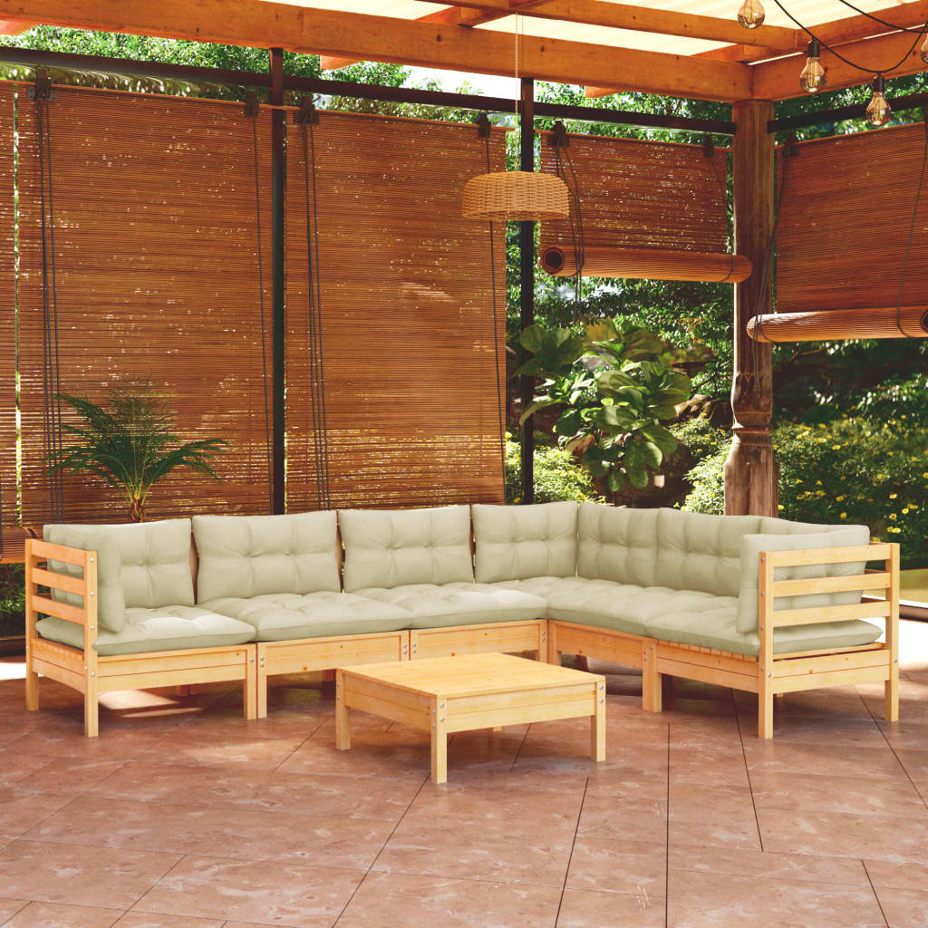 vidaXL 7 Piece Garden Lounge Set with Cream Cushions Solid Pinewood