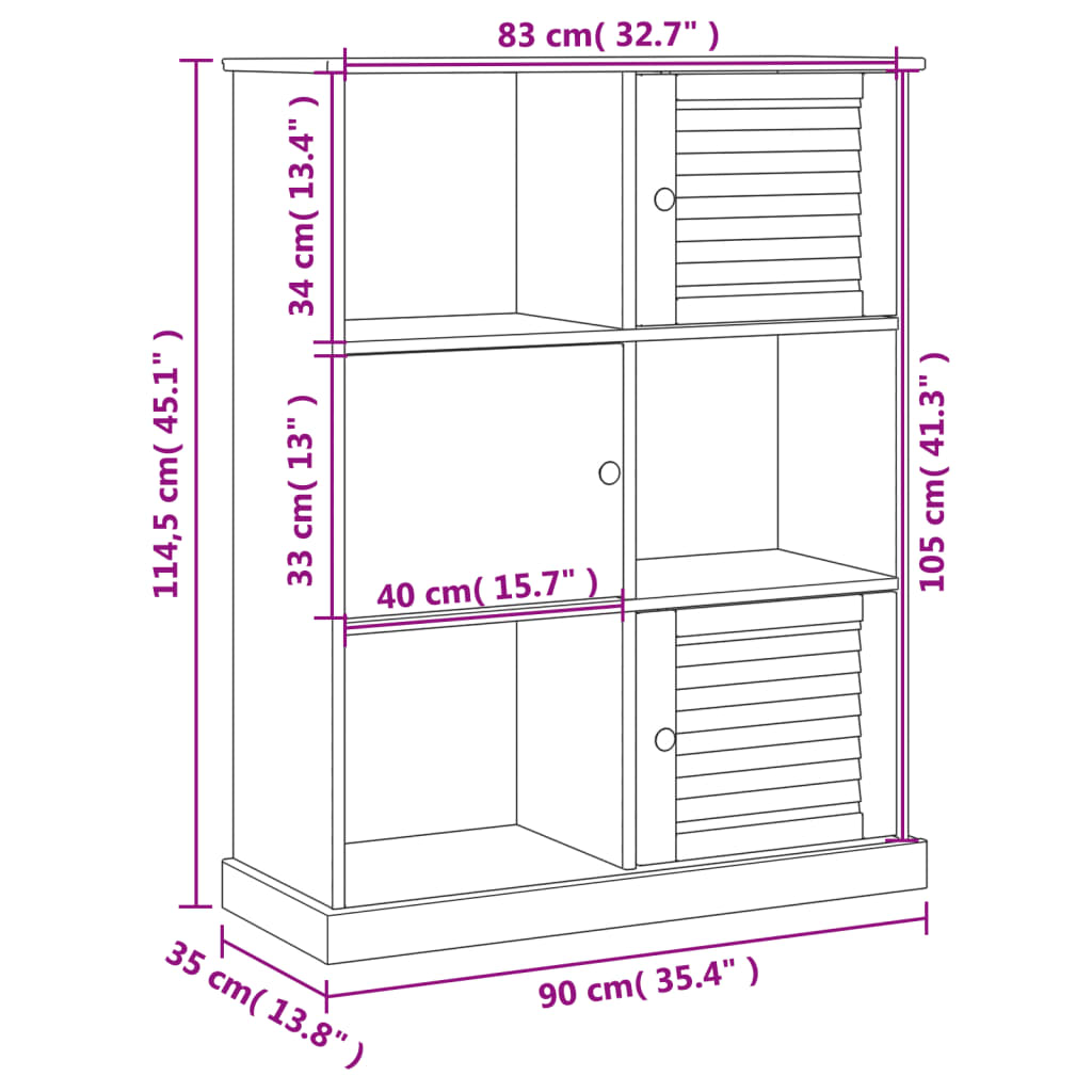 vidaXL Bookcase VIGO Grey 90x35x114.5 cm Solid Wood Pine