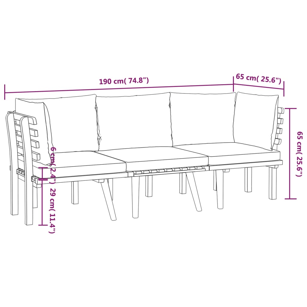 vidaXL 3 Piece Garden Lounge Set with Cushions Solid Wood Acacia