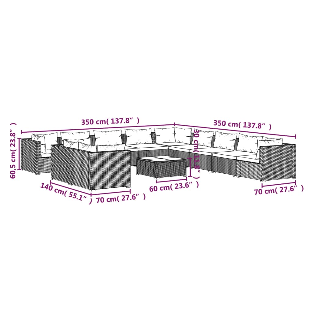 vidaXL 12 Piece Garden Lounge Set with Cushions Grey Poly Rattan