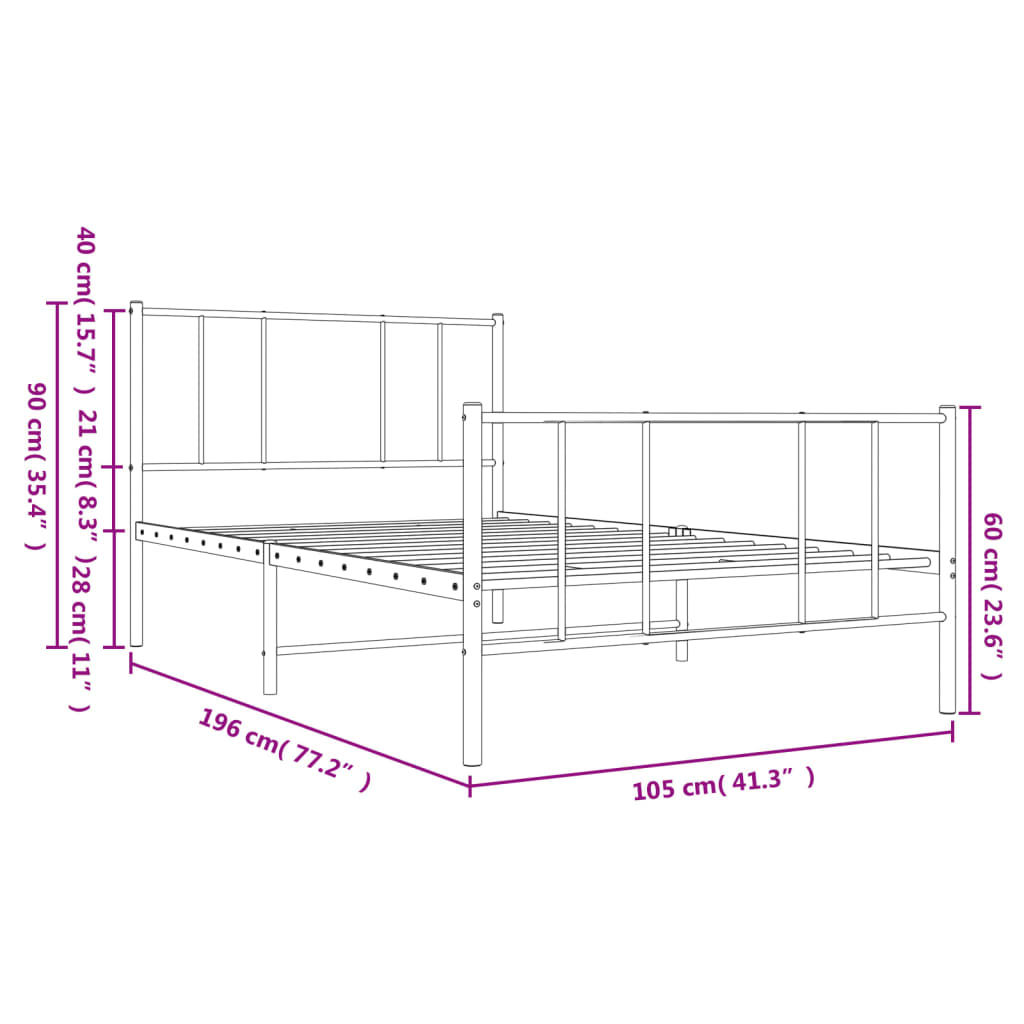 vidaXL Metal Bed Frame without Mattress with Footboard White 100x190 cm