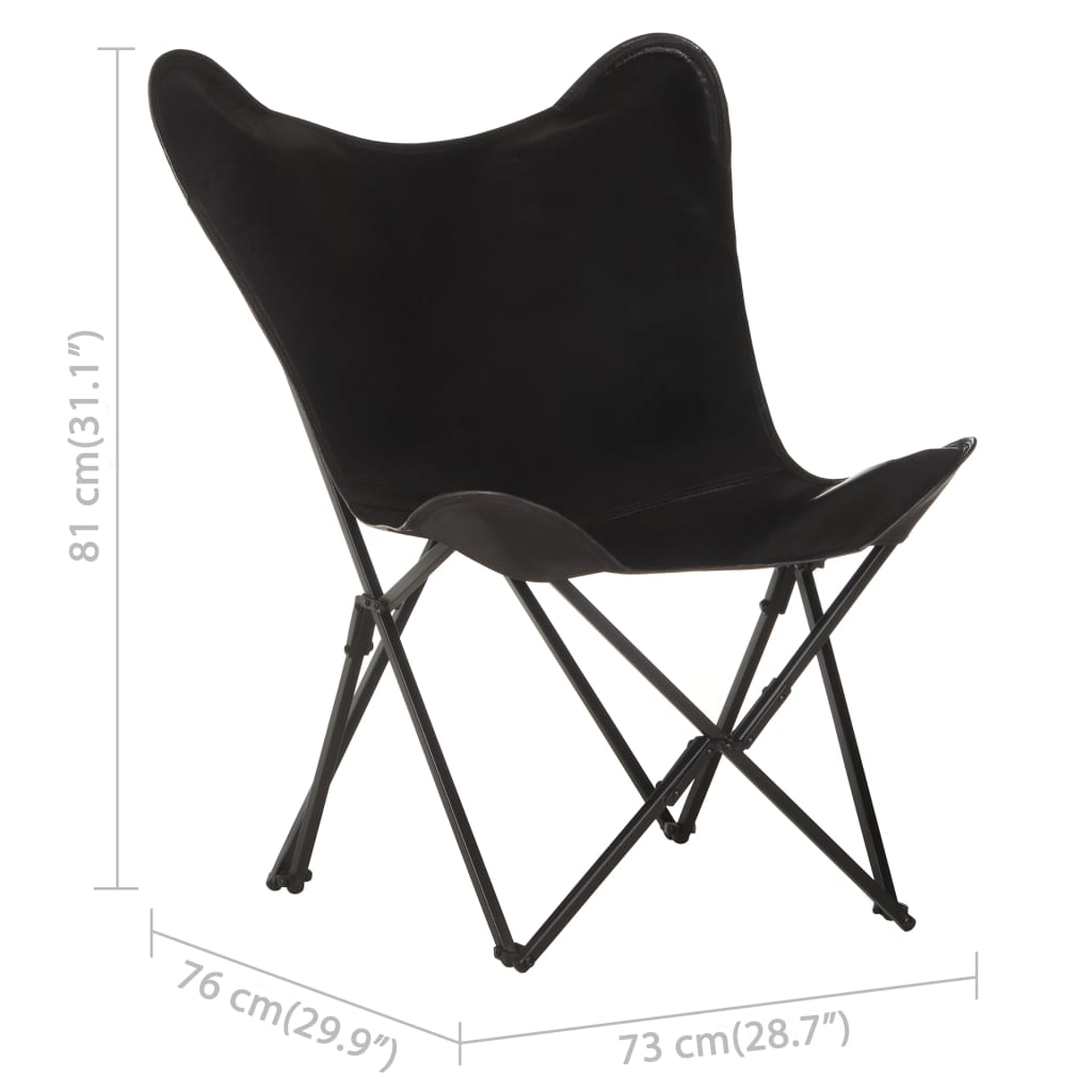 vidaXL Foldable Butterfly Chair Black Real Leather