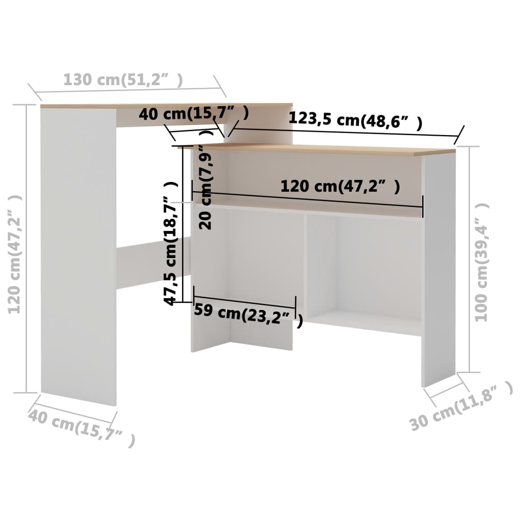 vidaXL Bar Table with 2 Table Tops White and Oak 130x40x120 cm