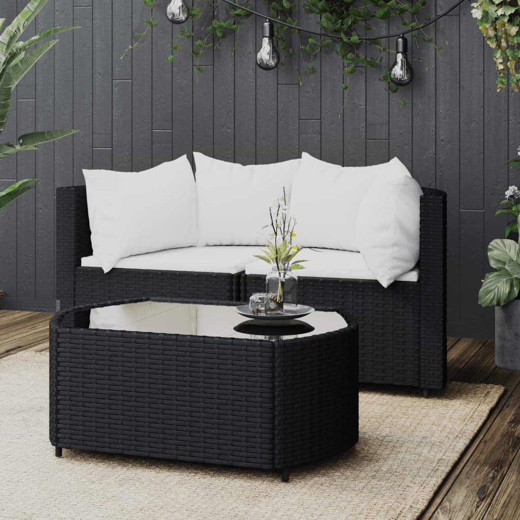 vidaXL 3 Piece Garden Lounge Set with Cushions Black Poly Rattan