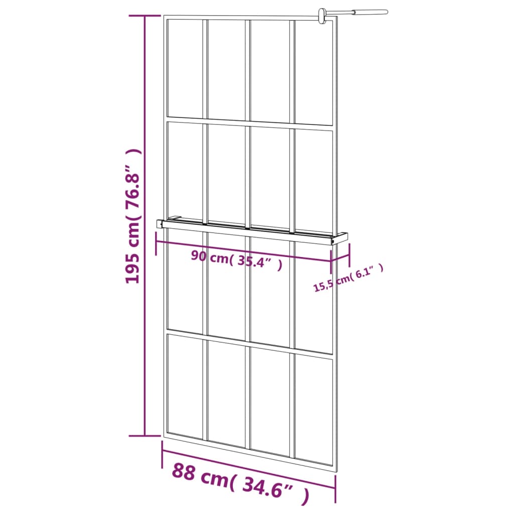 vidaXL Walk-in Shower Wall with Shelf Black 90x195 cm ESG Glass&Aluminium