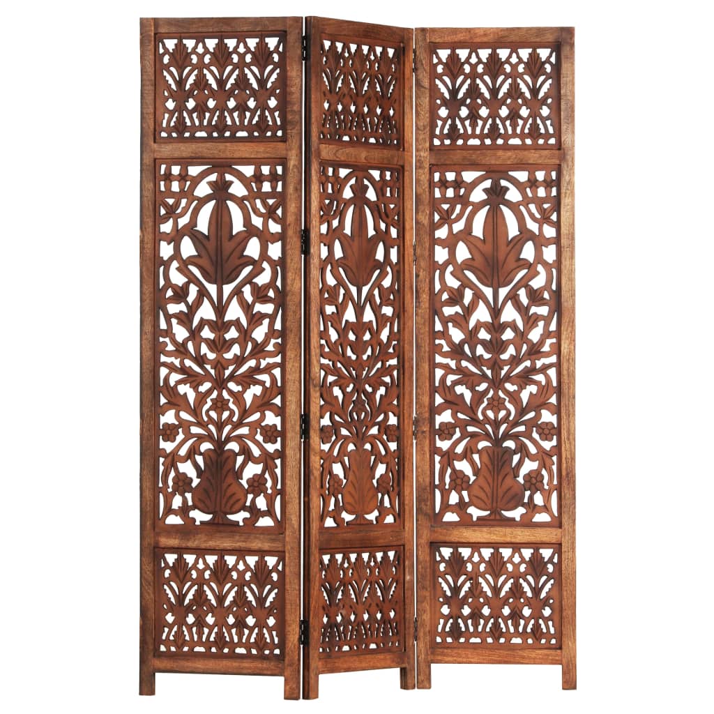 vidaXL Hand Carved 3-Panel Room Divider Brown 120x165 cm Solid Mango Wood