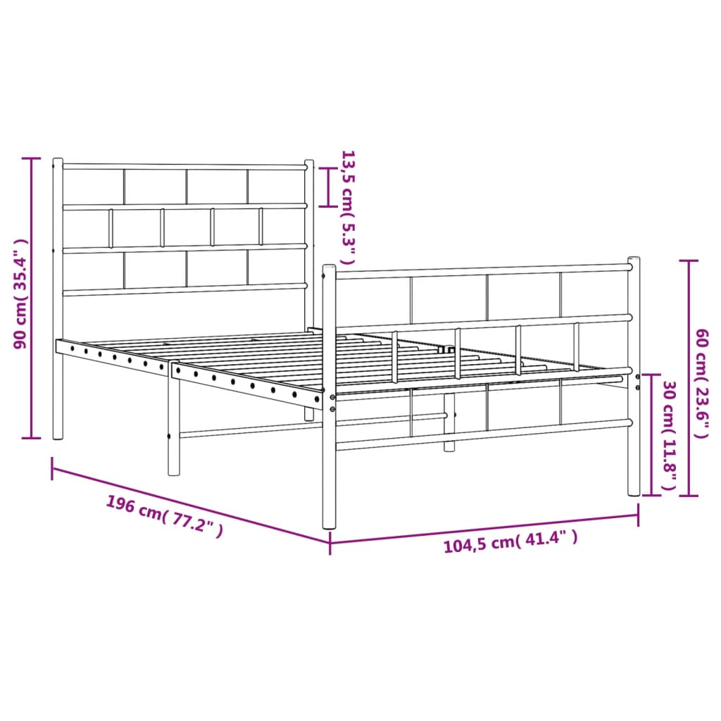 vidaXL Metal Bed Frame without Mattress with Footboard Black 100x190 cm