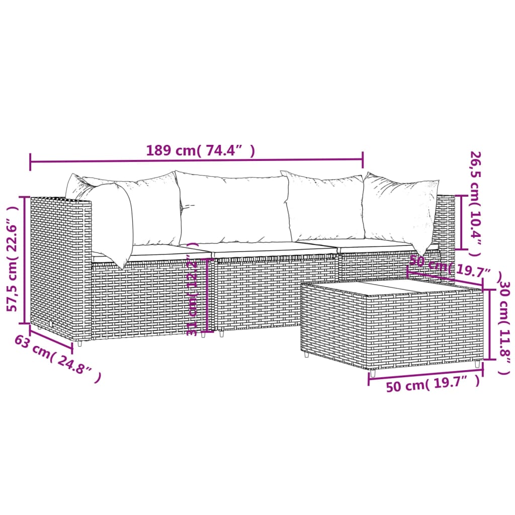 vidaXL 4 Piece Garden Lounge Set with Cushions Brown Poly Rattan