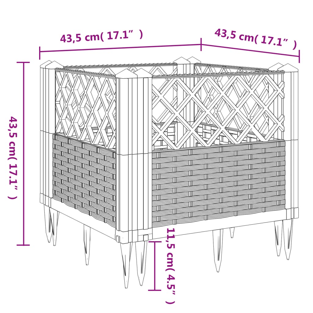 vidaXL Garden Planter with Pegs Black 43.5x43.5x43.5 cm PP