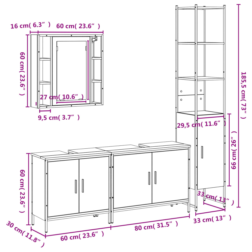 vidaXL 4 Piece Bathroom Cabinet Set Smoked Oak Engineered Wood