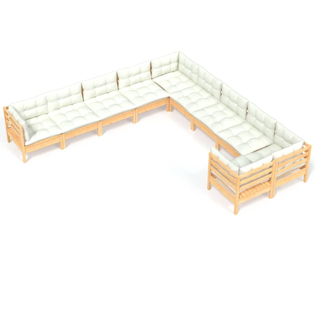 vidaXL 10 Piece Garden Lounge Set with Cream Cushions Pinewood