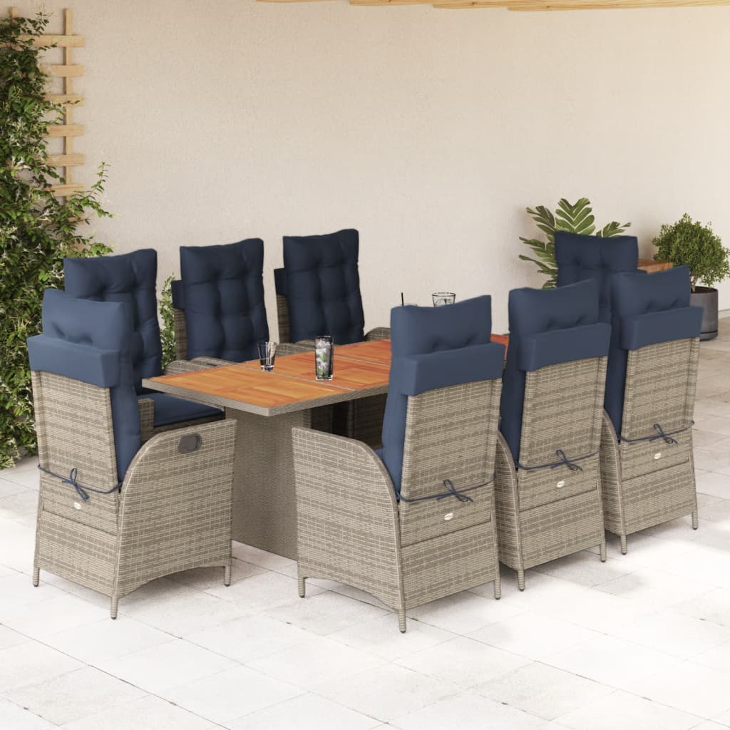 vidaXL 9 Piece Garden Dining Set with Cushions Grey Poly Rattan