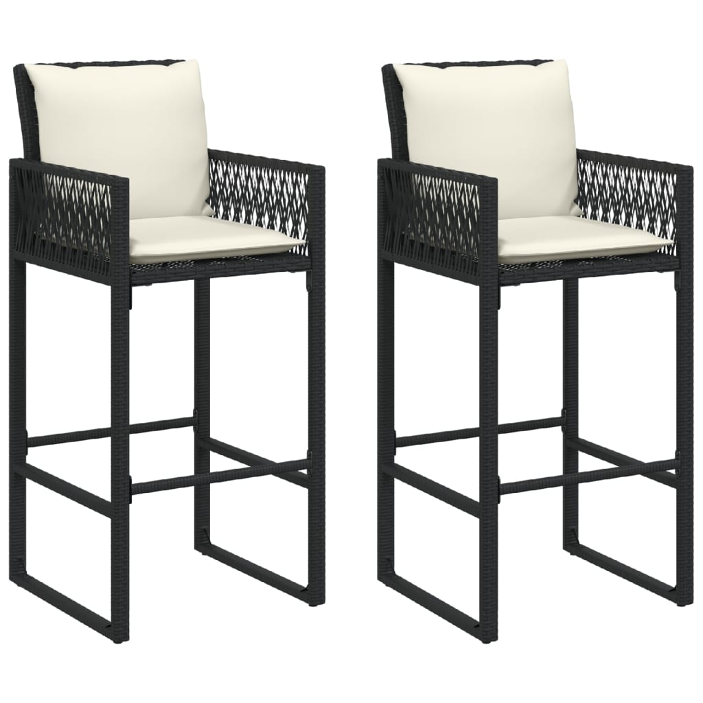 vidaXL Garden Bar Stools with Cushions 2 pcs Black Poly Rattan