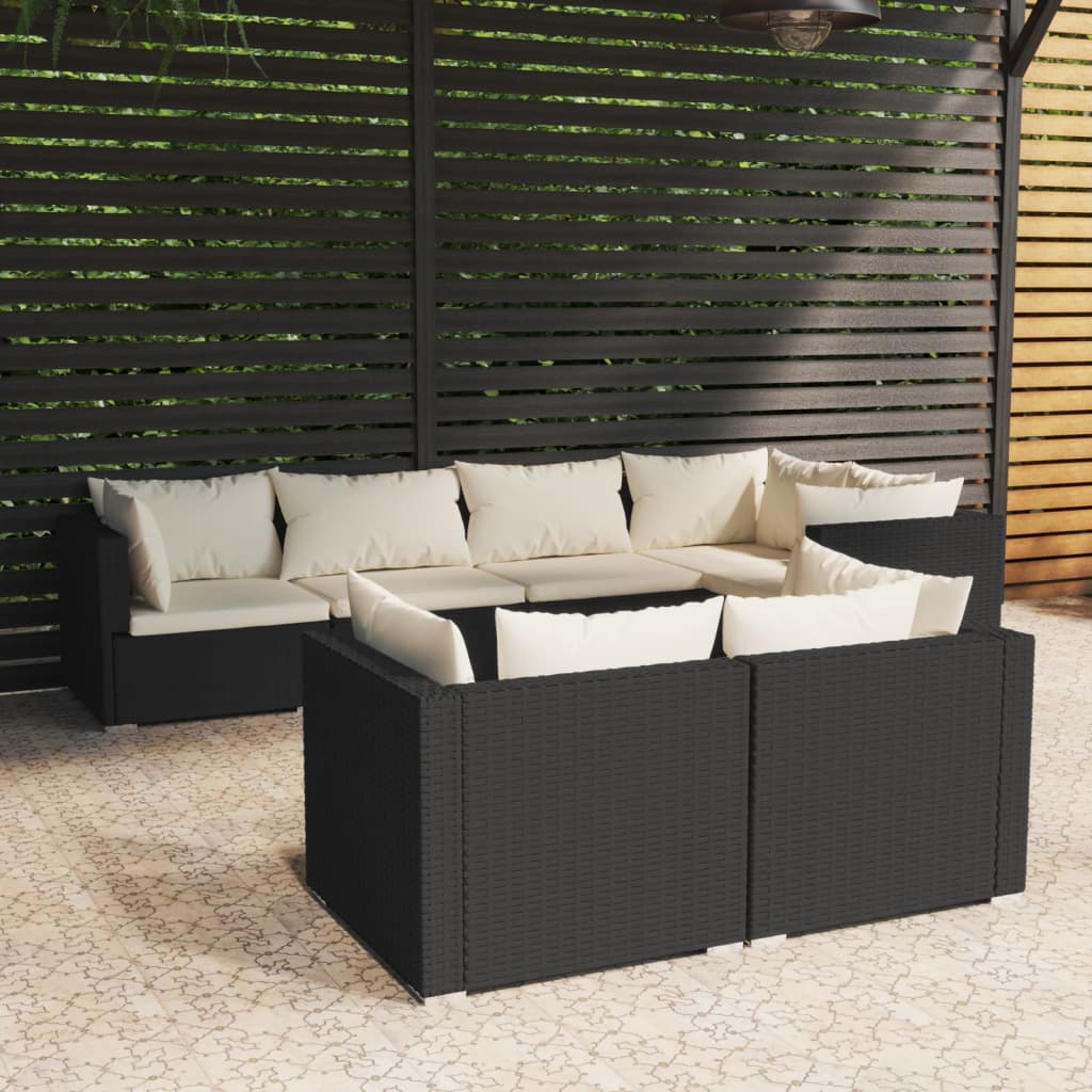 vidaXL 7 Piece Garden Lounge Set with Cushions Black Poly Rattan