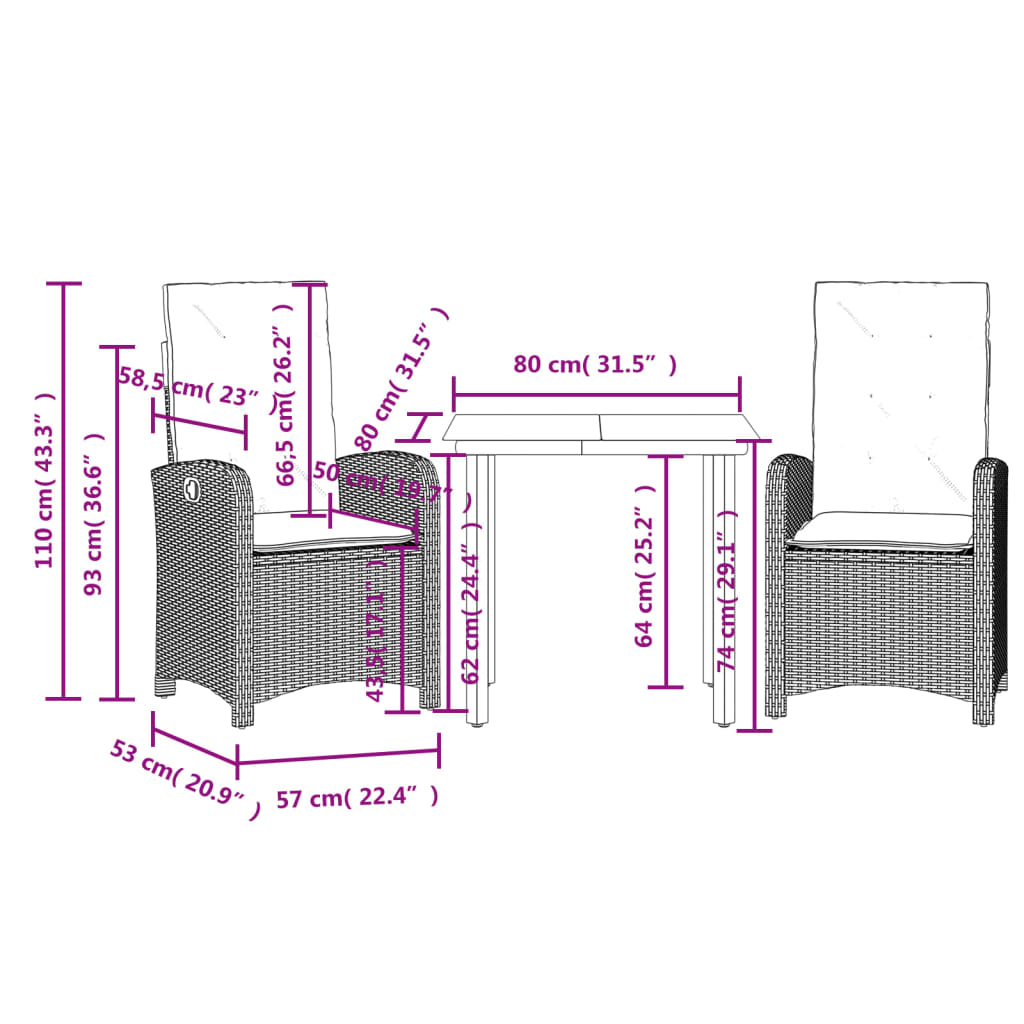 vidaXL 3 Piece Garden Dining Set with Cushions Black Poly Rattan