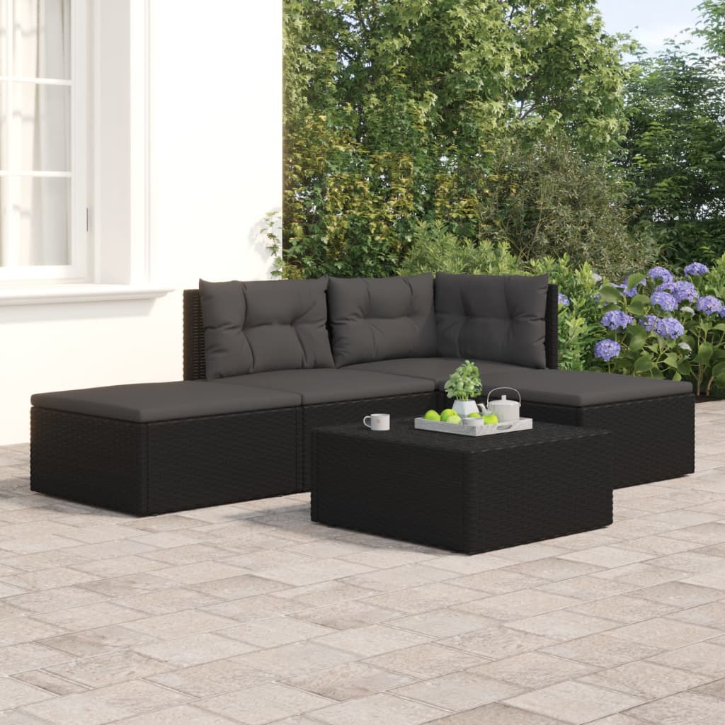 vidaXL 4 Piece Garden Lounge Set with Cushions Black Poly Rattan