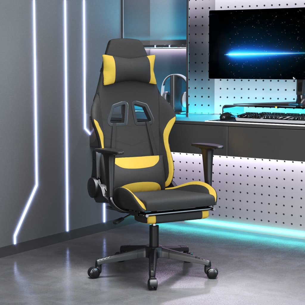 vidaXL Massage Gaming Chair with Footrest Black and Yellow Fabric