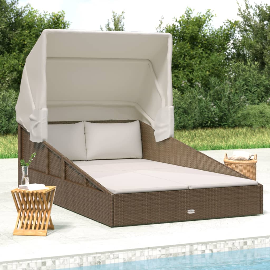vidaXL Sunbed with Foldable Roof Brown 200x114x128 cm Poly Rattan