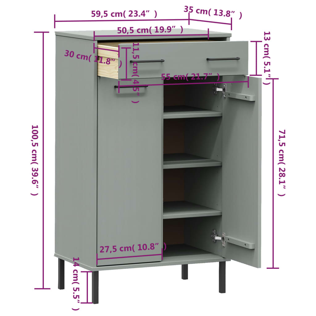 vidaXL Shoe Rack with Metal Legs Grey Solid Wood Pine OSLO