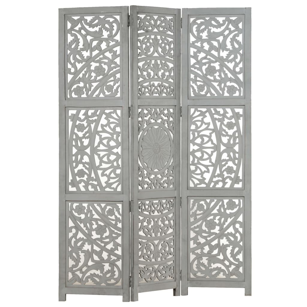 vidaXL Hand carved 3-Panel Room Divider Grey 120x165 cm Solid Mango Wood