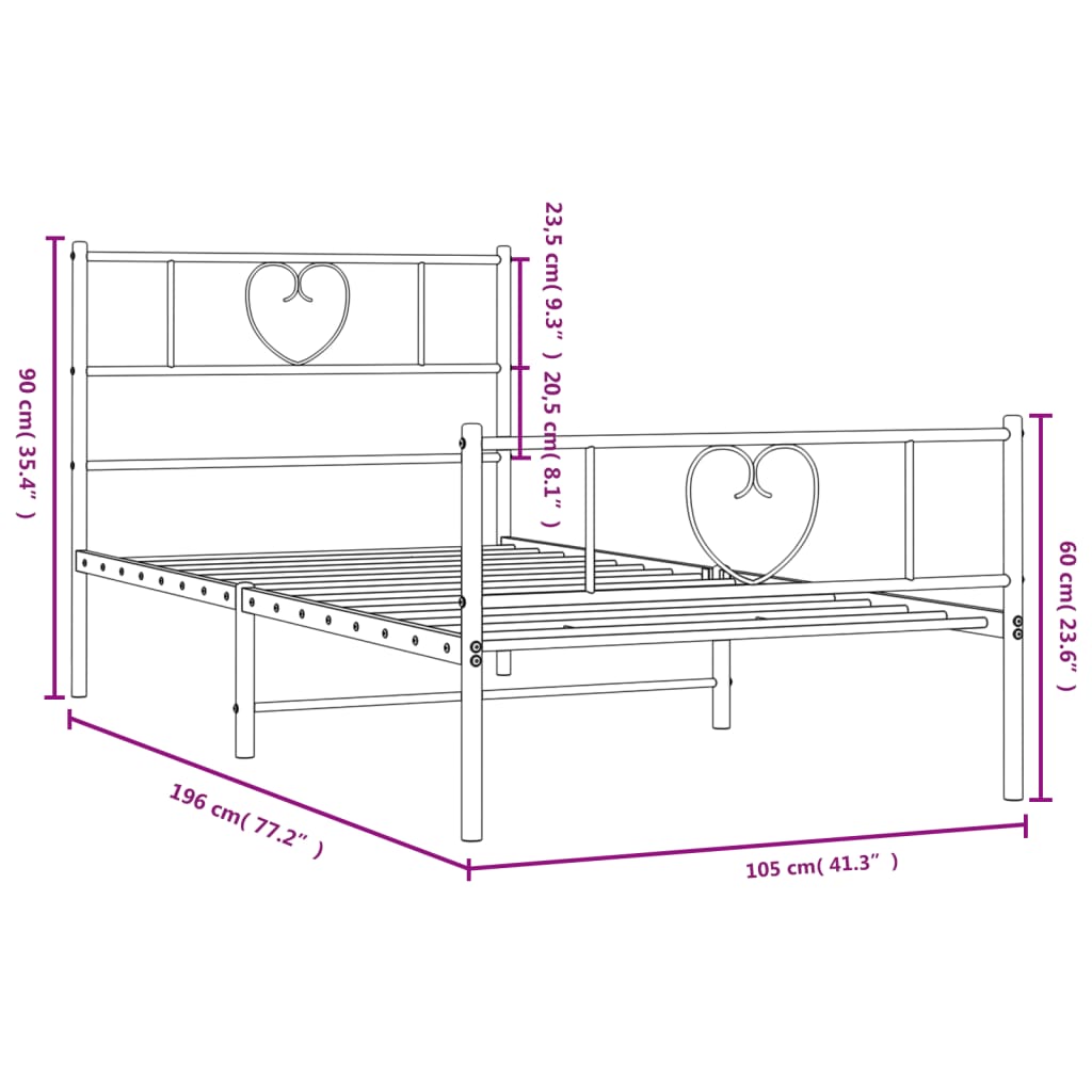 vidaXL Metal Bed Frame without Mattress with Footboard White 100x190 cm