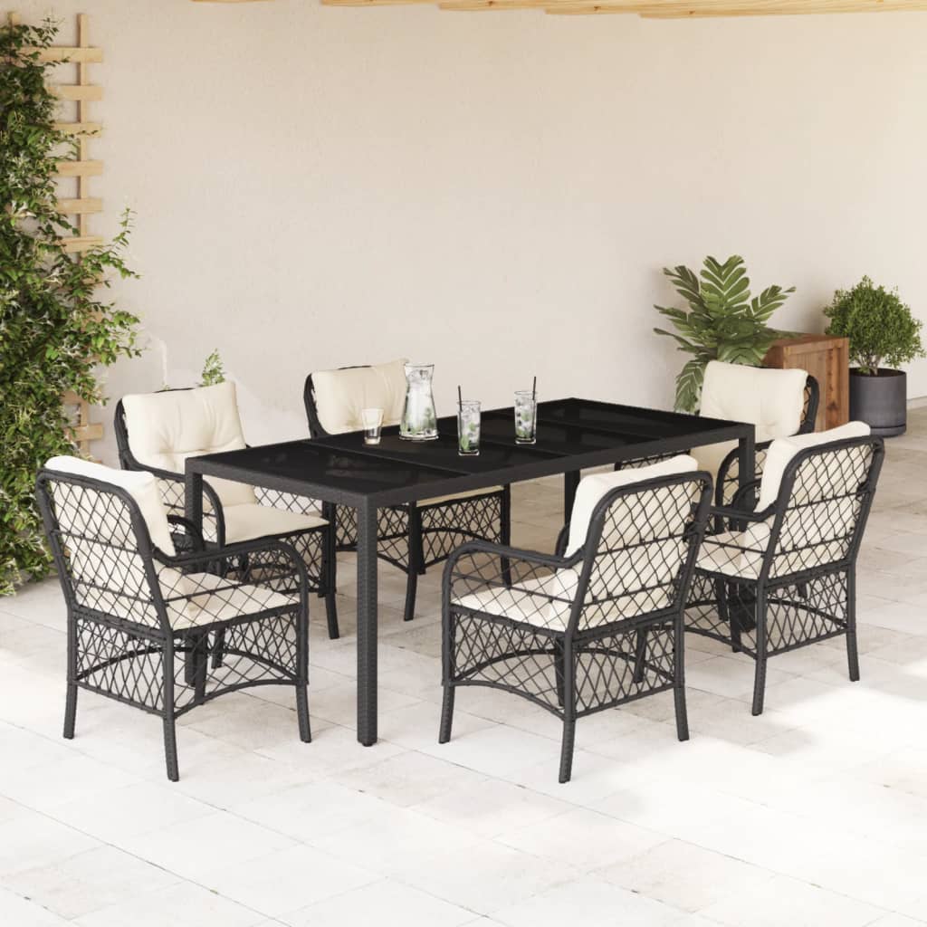 vidaXL 7 Piece Garden Dining Set with Cushions Black Poly Rattan