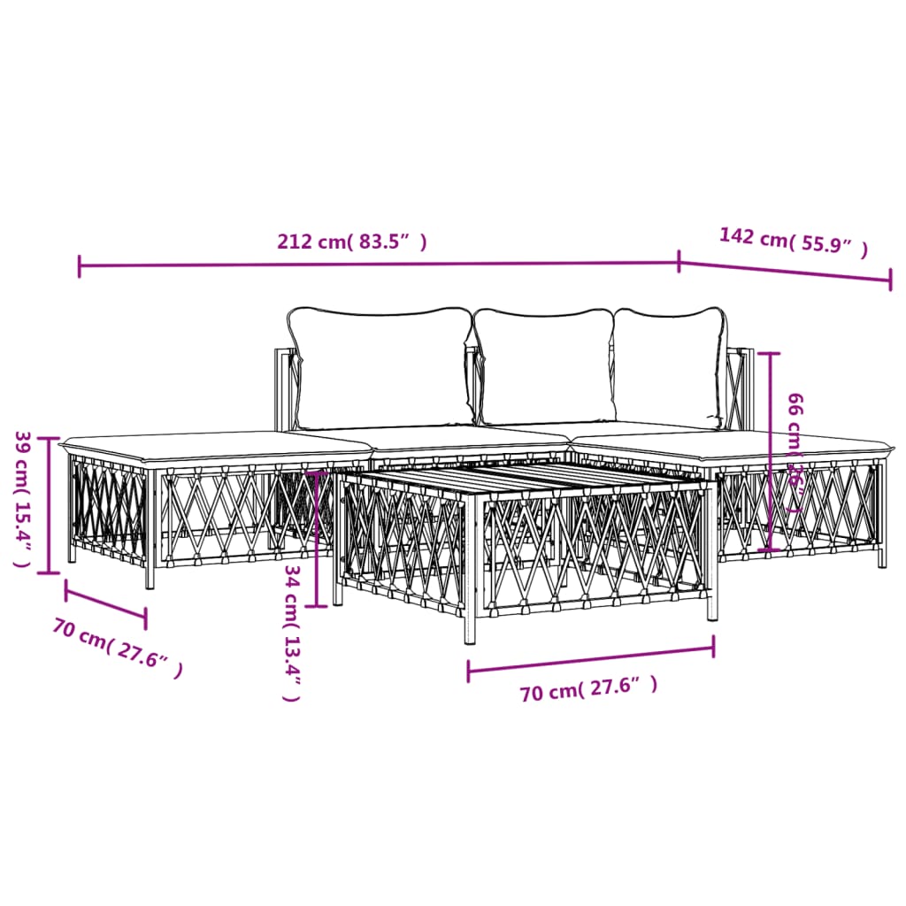 vidaXL 5 Piece Garden Lounge Set with Cushions White Steel