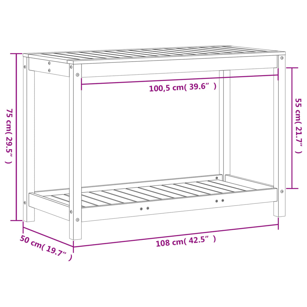 vidaXL Potting Table with Shelf 108x50x75 cm Solid Wood Pine