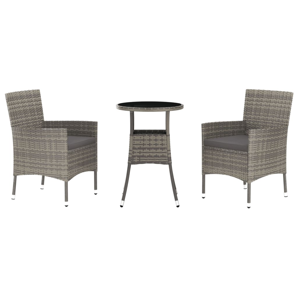 vidaXL 3 Piece Garden Bistro Set with Cushions Grey Poly Rattan